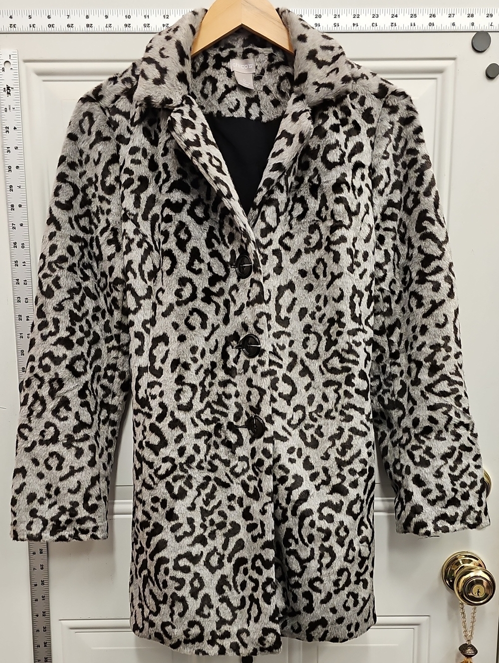 Chico's Black & White Leopard-Print Faux Fur Pea Coat